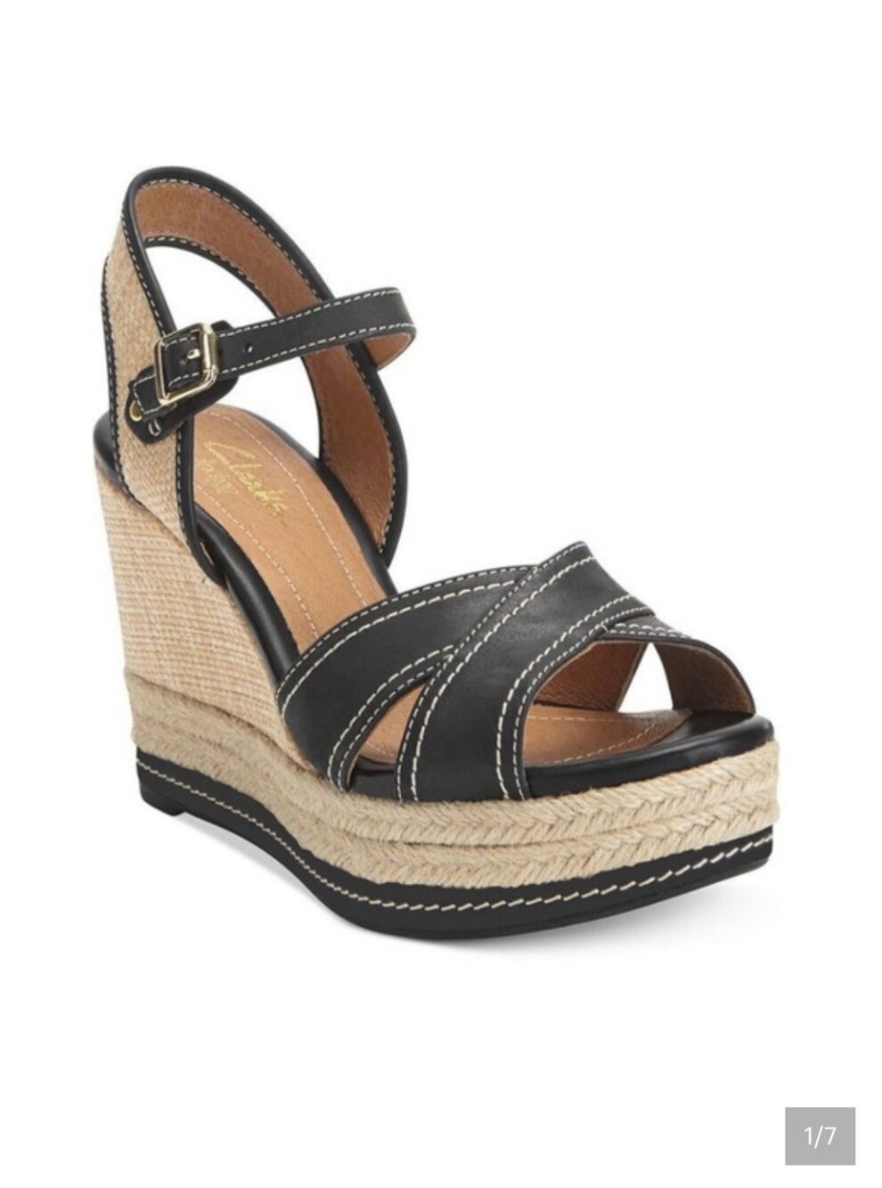 Clarks Black Leather Indigo Amelia Air Wedge Espadrille Sandals